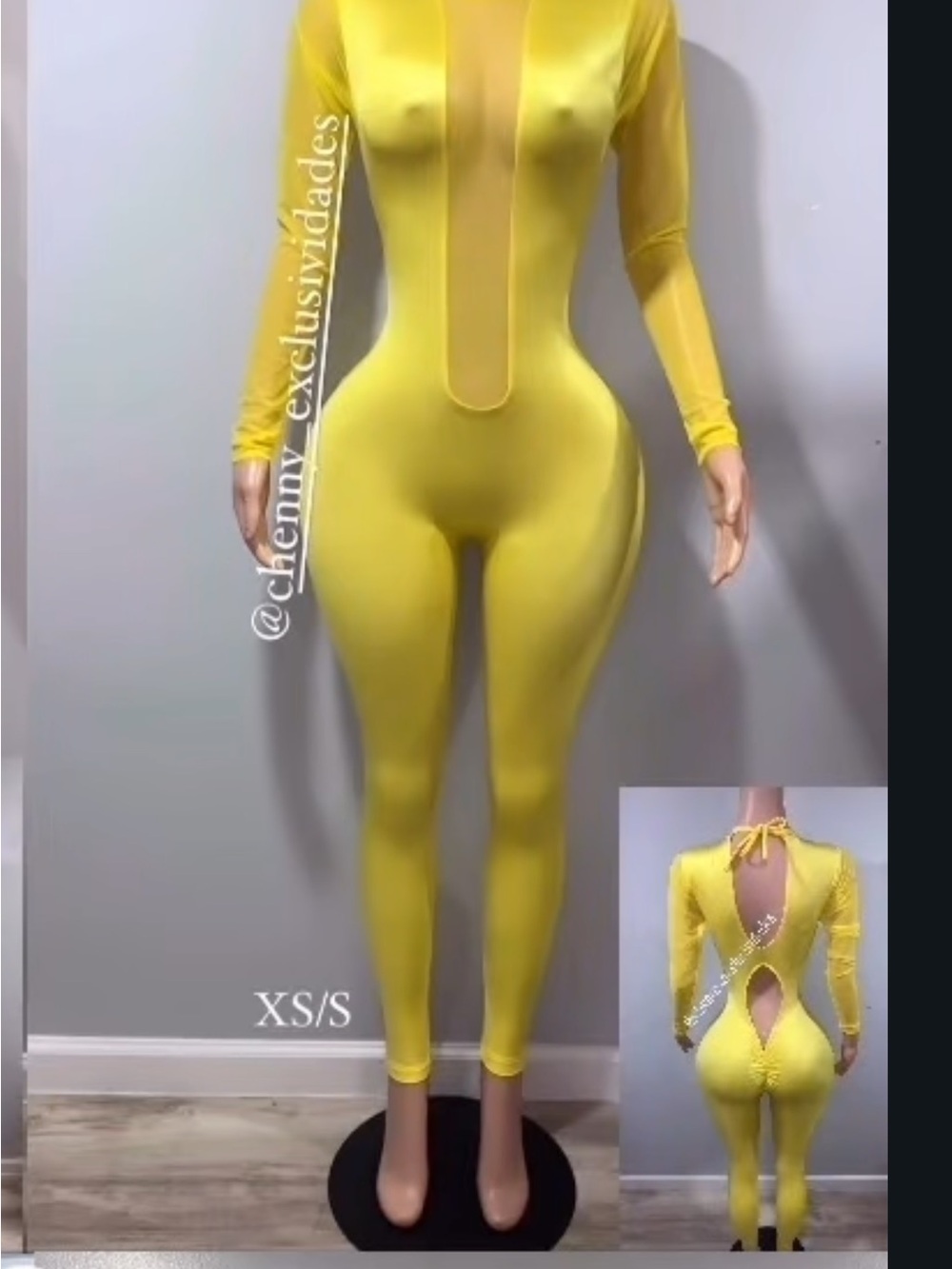 Yellow Deep-V Long Sleeve Sheer Panel Jumpsuit